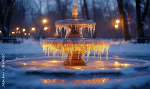 elegantly lit frozen fountain sparkling in the center of a winter park, Generative AI