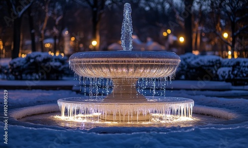 elegantly lit frozen fountain sparkling in the center of a winter park, Generative AI