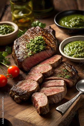 Churrasco, iconic Latin American grilled steak served with vibrant chimichurri sauce, rich herbs and spices, Argentine, Uruguayan, Brazilian cuisine.
