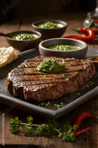 Churrasco, iconic Latin American grilled steak served with vibrant chimichurri sauce, rich herbs and spices, Argentine, Uruguayan, Brazilian cuisine.
