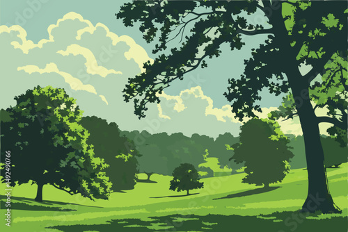 156 lush green landscape, vibrant foliage, scenic park with trees, vast grassy field, idyllic outdoor setting, serene and tranquil environment, beautiful blue sky with fluffy clouds, serene and peacef