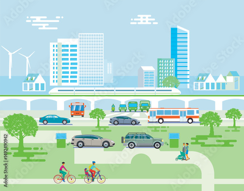 Wallpaper Mural Grossstadt mit Schnellzug und Bus, Elektro-Autos, grüne-Stadt, Illustration.eps Torontodigital.ca