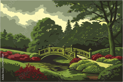 157 lush green foliage, ornamental bridge over tranquil pond, manicured garden landscape, dramatic sky with clouds, highly detailed, realistic, photorealistic, vibrant colors, cinematic lighting, 8k r