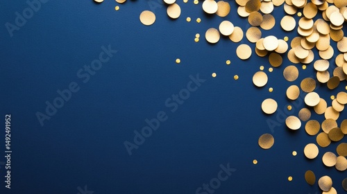 Gold confetti scattered on a navy blue background.
