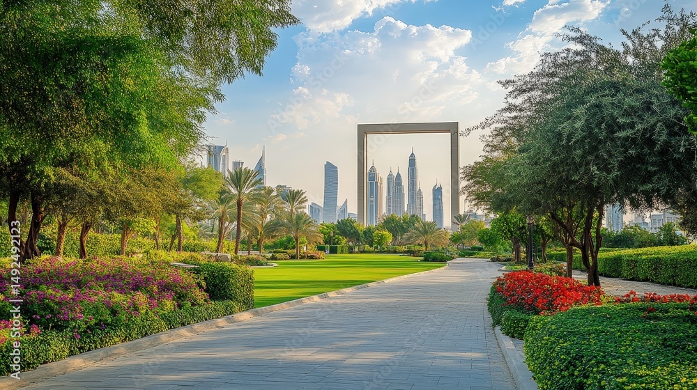 Obraz premium The Dubai Frame as seen from Zabeel Park, surrounded by lush greenery and modern pathways.