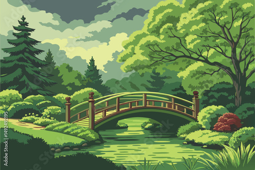 157 lush green foliage, ornamental bridge over tranquil pond, manicured garden landscape, dramatic sky with clouds, highly detailed, realistic, photorealistic, vibrant colors, cinematic lighting, 8k r