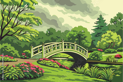 157 lush green foliage, ornamental bridge over tranquil pond, manicured garden landscape, dramatic sky with clouds, highly detailed, realistic, photorealistic, vibrant colors, cinematic lighting, 8k r