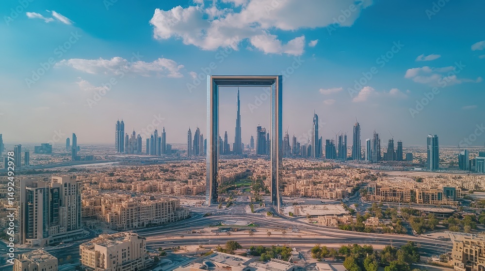 Fototapeta premium The Dubai Frame viewed from an observation deck, framing the contrast between Old Dubai and New Dubai