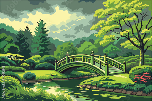 157 lush green foliage, ornamental bridge over tranquil pond, manicured garden landscape, dramatic sky with clouds, highly detailed, realistic, photorealistic, vibrant colors, cinematic lighting, 8k r