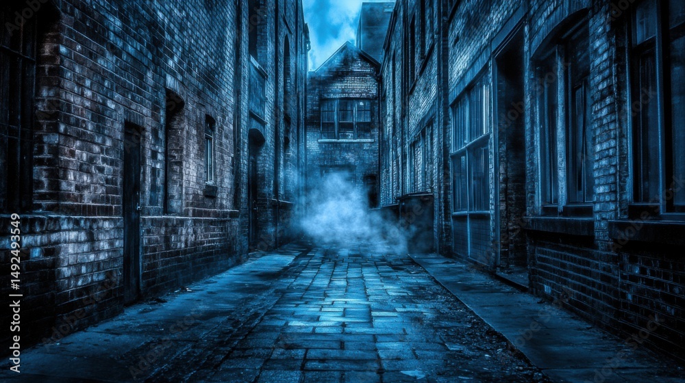 Fototapeta premium Moody Brick Alleyway Perspective with Fog and Dim Light in Urban Setting Dark Blue Tones Architecture