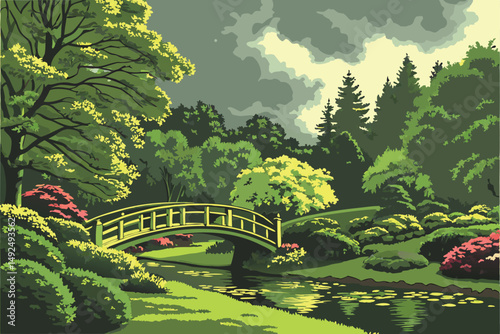157 lush green foliage, ornamental bridge over tranquil pond, manicured garden landscape, dramatic sky with clouds, highly detailed, realistic, photorealistic, vibrant colors, cinematic lighting, 8k r