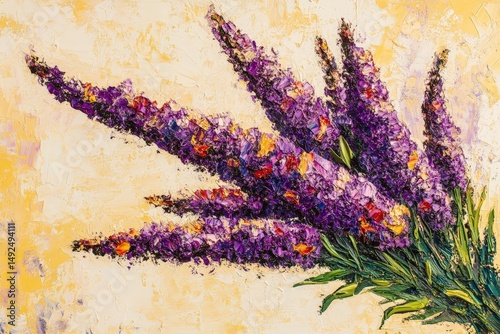 Intricate depiction of vibrant purple flowers on a light background. photo