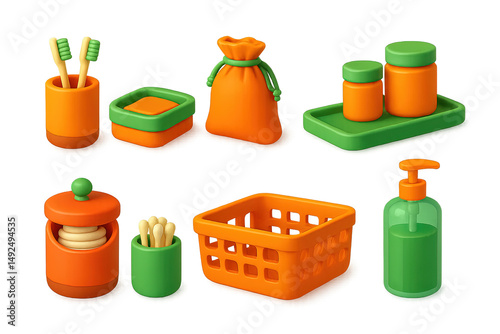 Colorful bathroom accessories set in green and orange for modern home decor