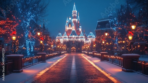grand snow-covered castle glowing under colorful holiday lights, Generative AI
