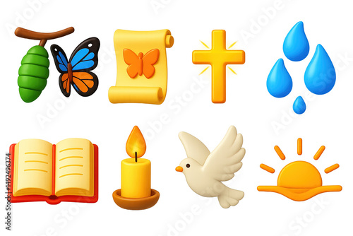 Colorful spring symbols featuring nature, faith, and renewal elements for creative designs