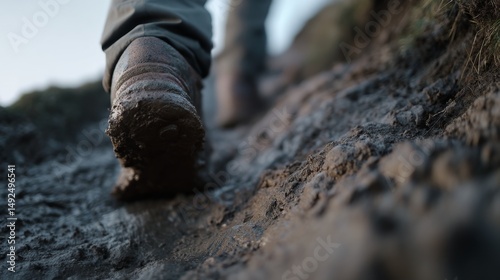 A single hiker's boot, caked in mud, trudges up a rugged trail, capturing the thrill and challenge of an adventurous climb.
