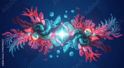 Abstract Colorful Coral Reef Art Vibrant Teal Pink and Red Underwater Fantasy