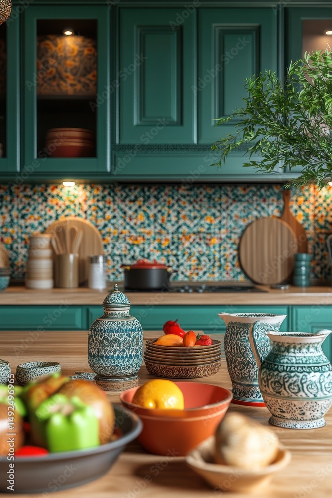 Teal kitchen with colorful ceramic dishes and fresh fruits