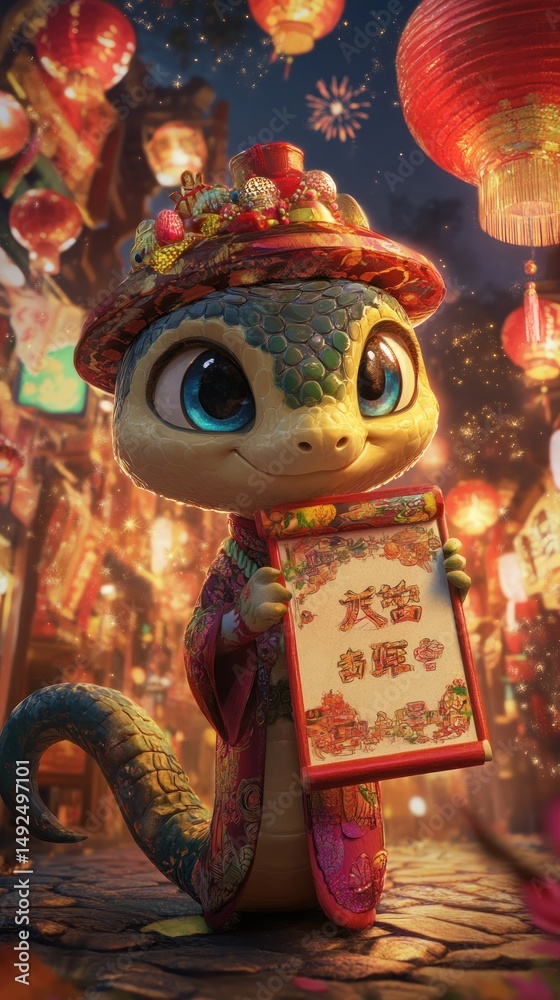 Cute snake character holding scroll in chinese new year