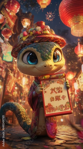 Obraz na płótnie Cute snake character holding scroll in chinese new year w salonie
