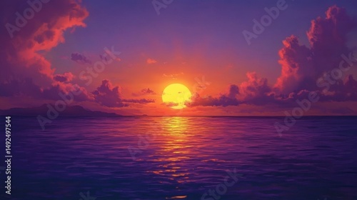 The sun sinking beneath the horizon, casting vibrant rays across the ocean and painting the sky in stunning shades of orange, purple, and pink as the day turns to night.