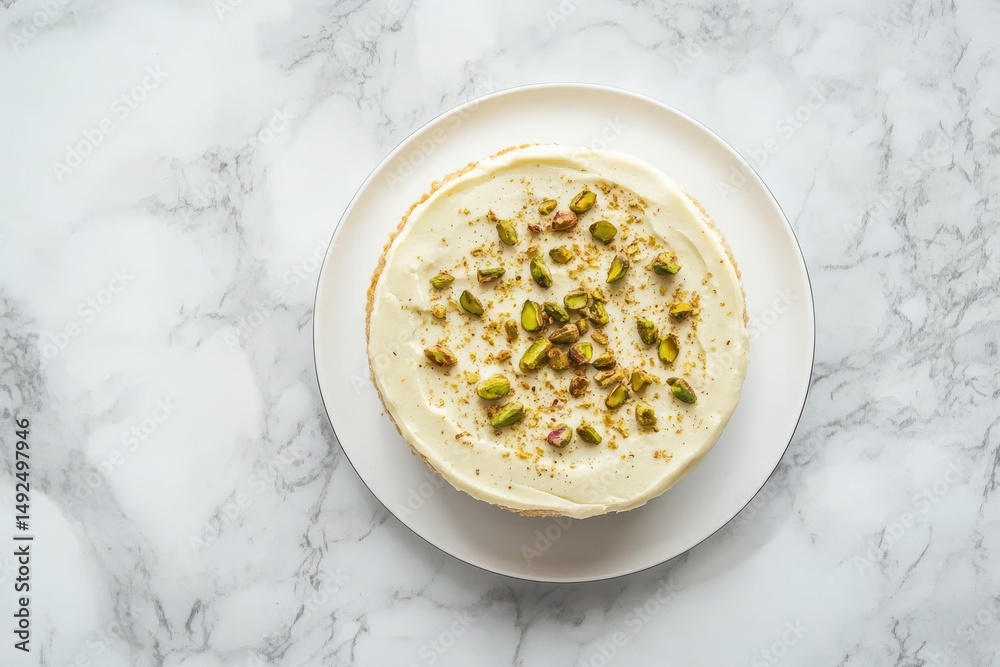 Indian milk dessert topped with pistachios served on white plate over marble. Indian milk dessert topped with pistachios served on white plate over marble.