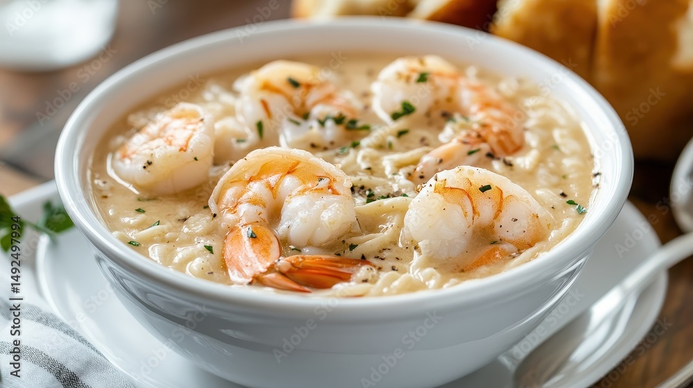 A savory shrimp and lobster bisque, rich in flavor with a creamy texture, perfect for a warm, comforting meal on a chilly day A savory shrimp and lobster bisque, rich in flavor with a creamy texture, perfect for a warm, comforting meal on a chilly day