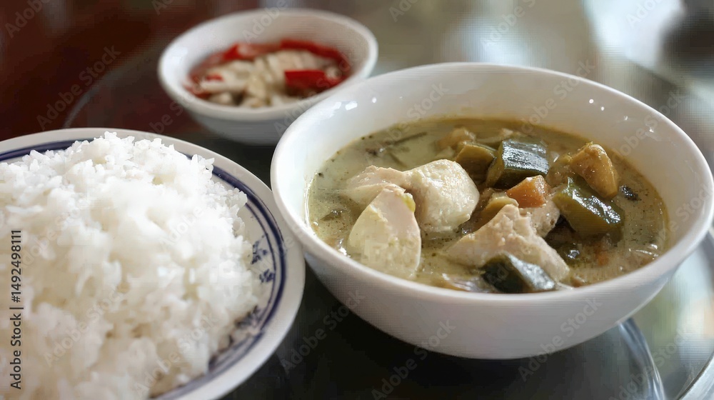 A savory Thai dish of gaeng keow wan, green curry with tender chicken, bamboo shoots, and Thai eggplants, served with steamed rice for a spicy and creamy treat A savory Thai dish of gaeng keow wan, green curry with tender chicken, bamboo shoots, and Thai eggplants, served with steamed rice for a spicy and creamy treat