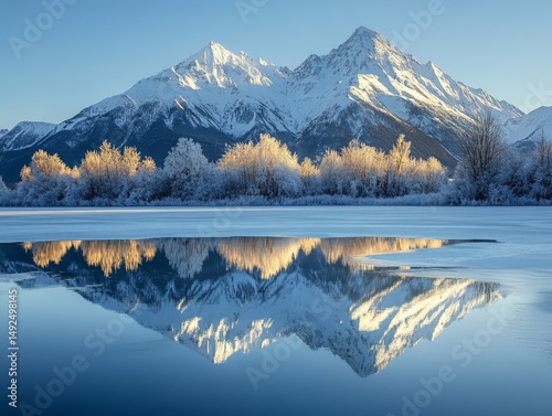 snow-capped mountain range reflecting in the mirror-like surface of a frozen lake, Generative AI