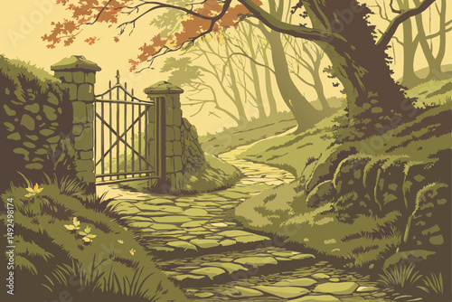 159 autumn scenic path, metal gate, mossy stonework, lush foliage, warm lighting, cozy atmosphere, tranquil landscape, scenic nature, magical woodland, moody autumnal mood, detailed environment, seren