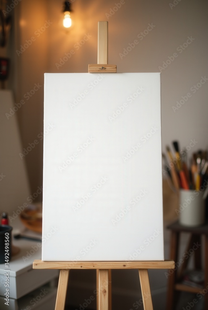 Blank canvas on wooden easel in cozy art studio setting Blank canvas on wooden easel in cozy art studio setting