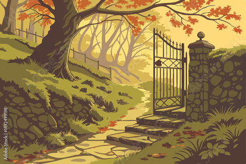 159 autumn scenic path, metal gate, mossy stonework, lush foliage, warm lighting, cozy atmosphere, tranquil landscape, scenic nature, magical woodland, moody autumnal mood, detailed environment, seren