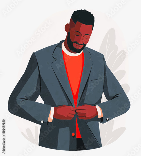 black man trying on a suit, he likes it, vector illustration