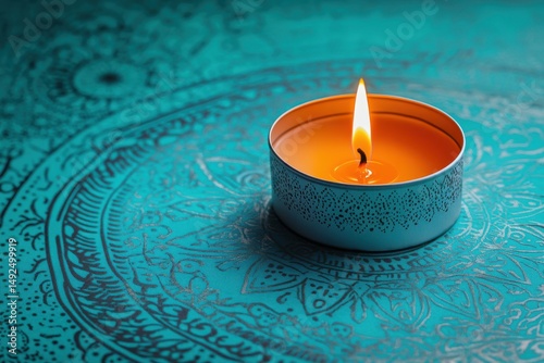 Single tealight candle on turquoise mandala surface with peaceful ambiance. photo