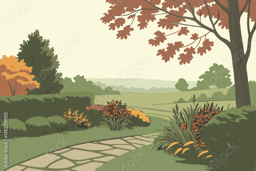 160 garden, fall season, colorful foliage, green hedges, stone path, expansive lawn, overcast sky, peaceful atmosphere, serene landscape, nature scenery, outdoor environment