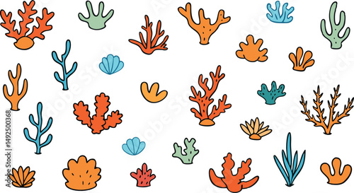 Abstract handed drawn set of colorful underwater coral reef elements suitable for pattern and others