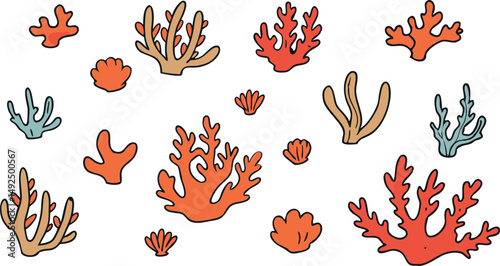 Vector illustration set of hand drawn colorful ocean plants and coral reef elements on white background