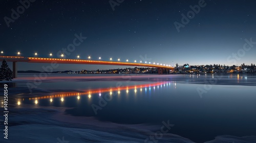 Night cityscape illuminated bridge over frozen river