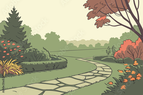 160 garden, fall season, colorful foliage, green hedges, stone path, expansive lawn, overcast sky, peaceful atmosphere, serene landscape, nature scenery, outdoor environment