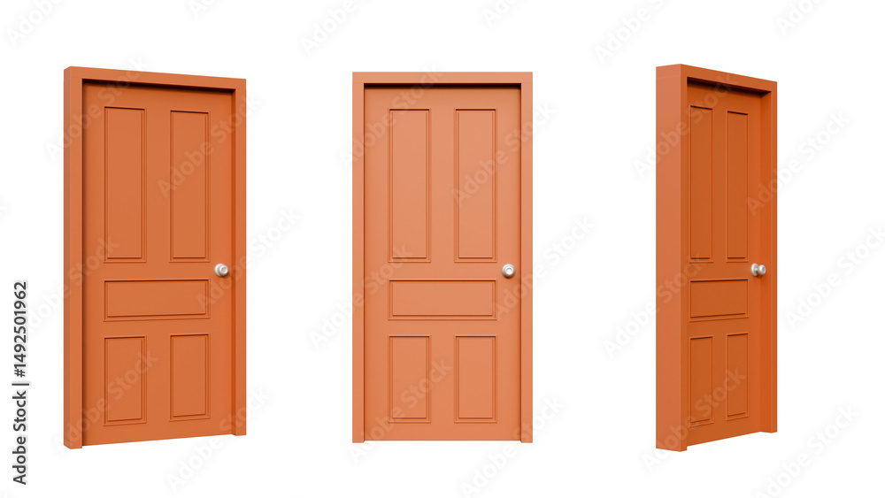 Fototapeta premium Brown entrance doors on a isolated background. House gate frame with metal handle closeup mockup asset set. Doorframe mock up. Front doors isolated background.