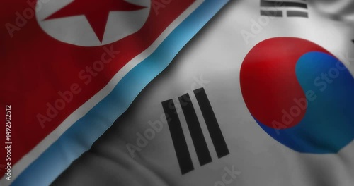 South Korea and North Korea waving flags looping. Both Koreas symbols banner blowing in the wind seamless and looped concept animation.