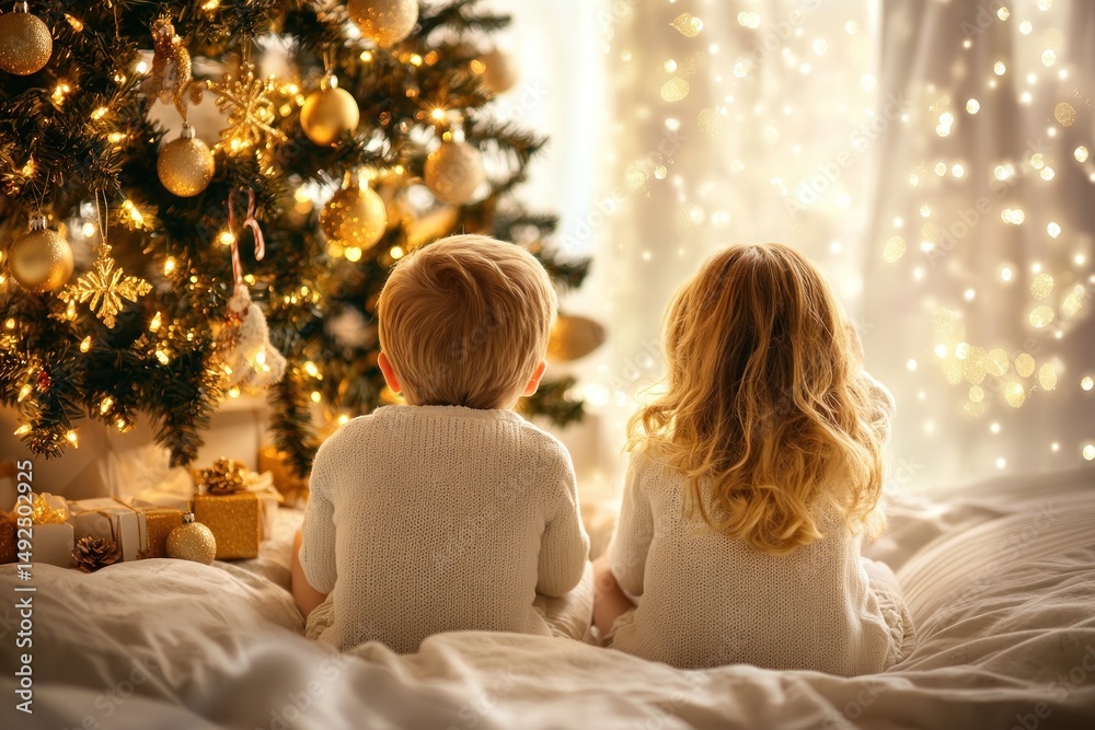 Two children looking at a christmas tree
