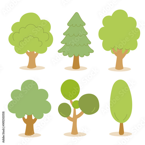 Cute cartoon-style trees in various shapes vector illustration. Round and conical green trees in a cheerful, whimsical design.