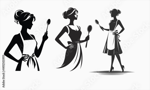 female chef silhouette holding cooking utensils in apron, culinary woman cooking vector icon, stylish black clipart for kitchen, food, restaurant or cooking concept