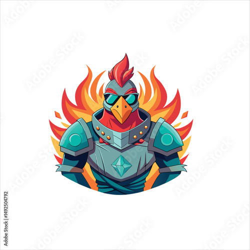 Illustration of a cartoon chicken wearing armor and sunglasses with fire