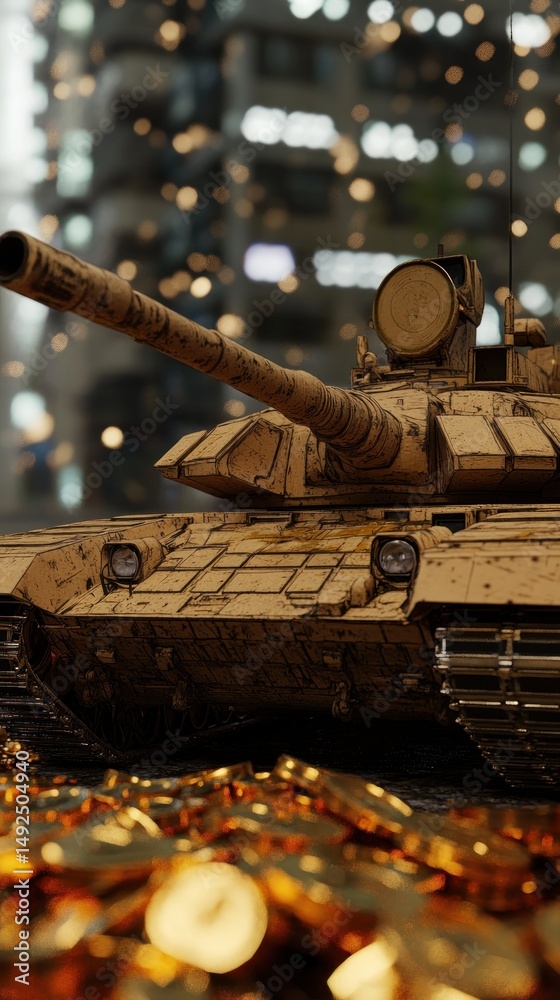 Antique tank surrounded by golden coins