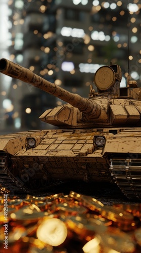 Obraz na płótnie Antique tank surrounded by golden coins w salonie