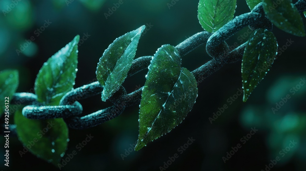 Green leaves on a metal chain