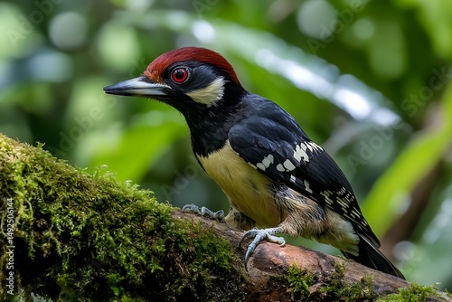 Close-up of Woodpecker Perched on Mossy Branch in Forest