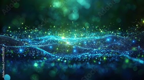 Abstract digital waves, glowing particles, dark background. Stock photo photo